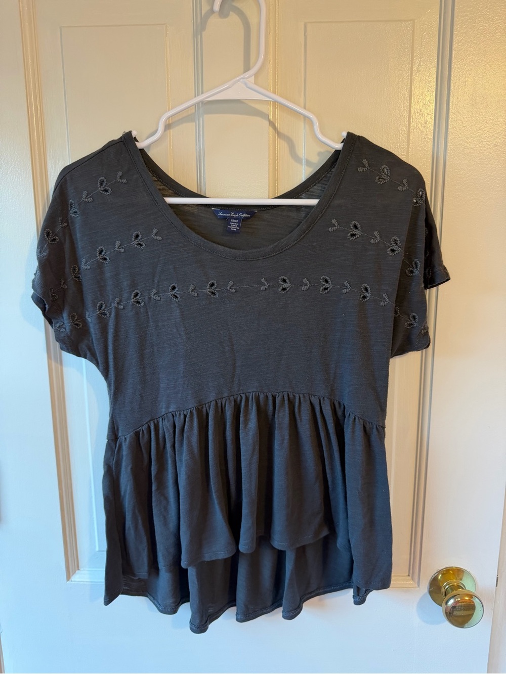 American Eagle Outfitters Charcoal Gray Embroidered Peplum Top